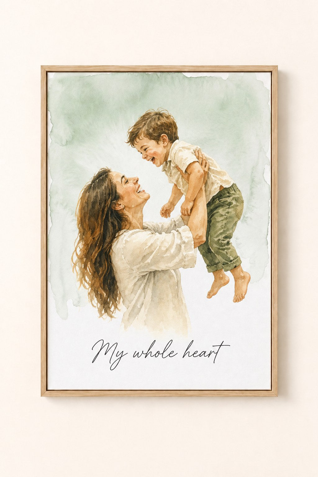 Watercolor mother and son canvas with caption My whole heart