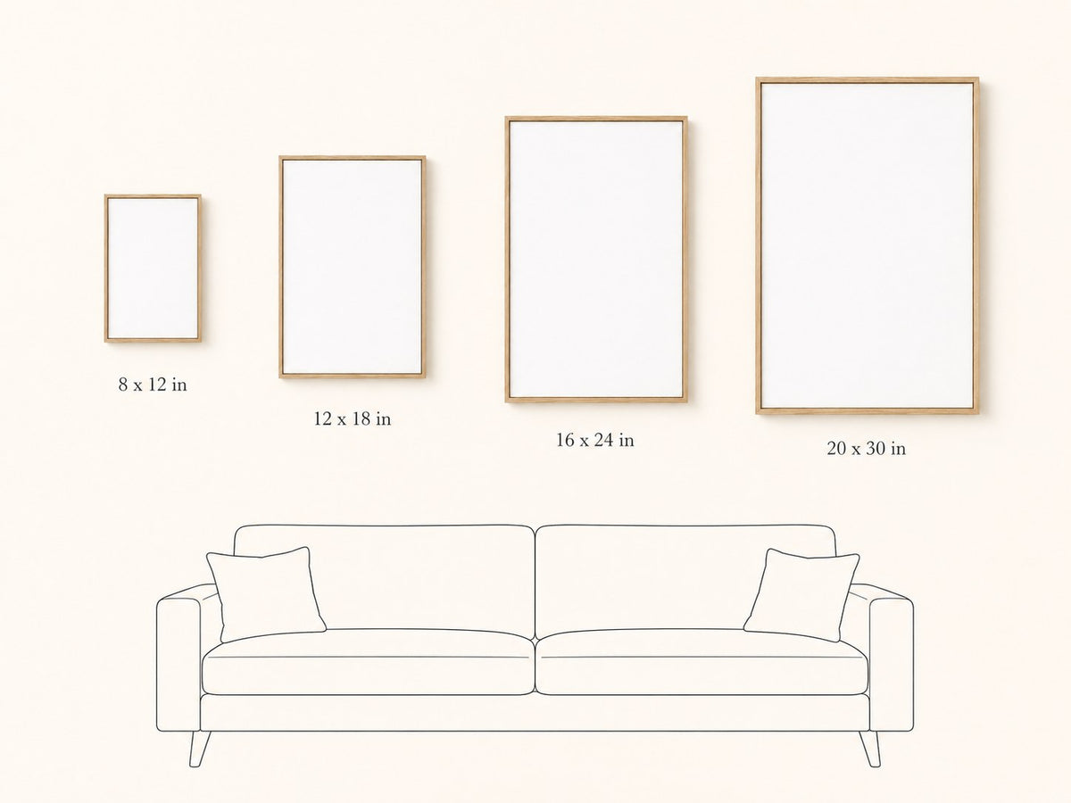 Size guide: four framed canvas sizes from 8x12 to 20x30 inches