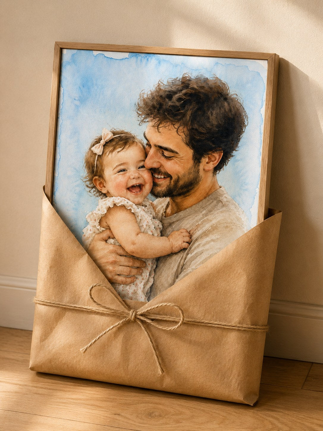 Framed watercolor canvas wrapped as a gift