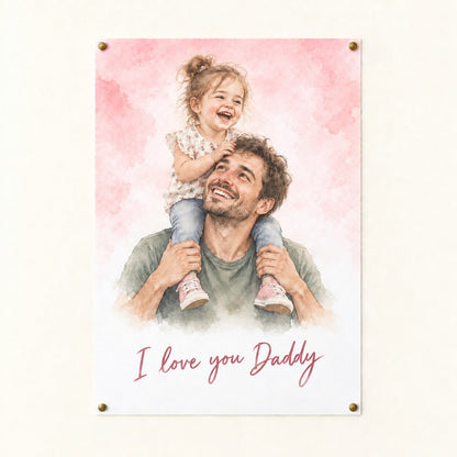 Watercolor family portrait poster, I love you Daddy caption