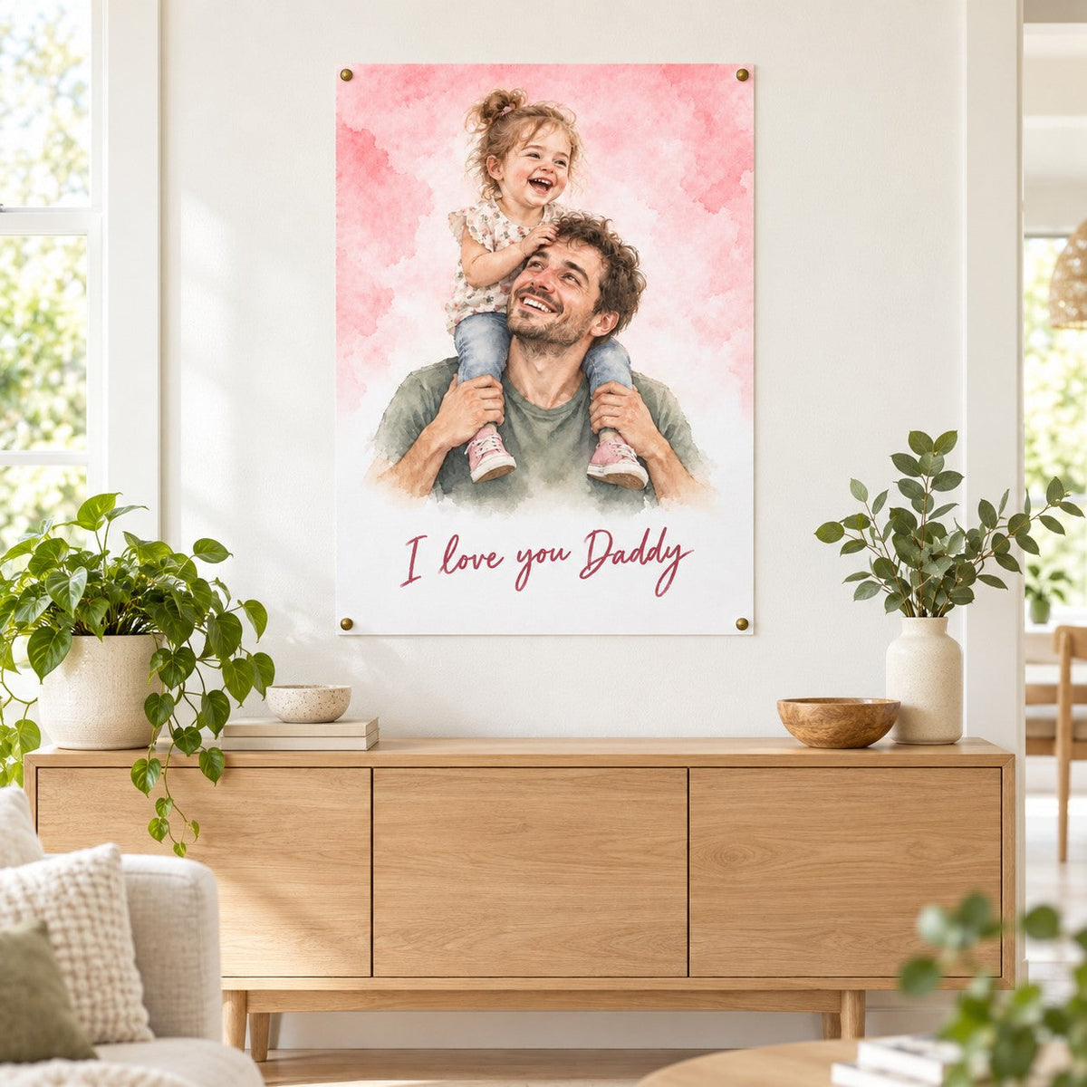 Watercolor portrait poster in a living room