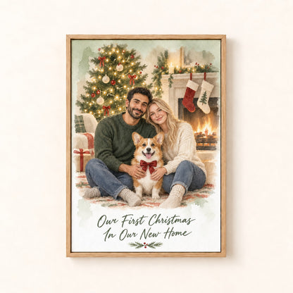 Watercolor couple and corgi Christmas canvas, Our First Christmas In Our New Home