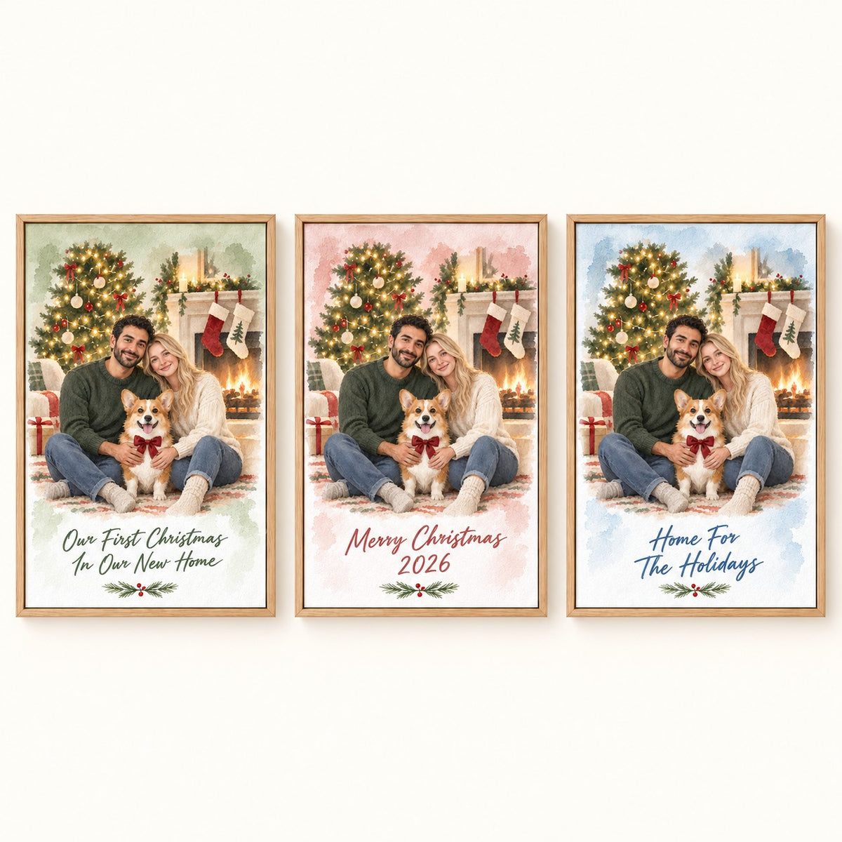 Three wash colors and captions on the Christmas canvas
