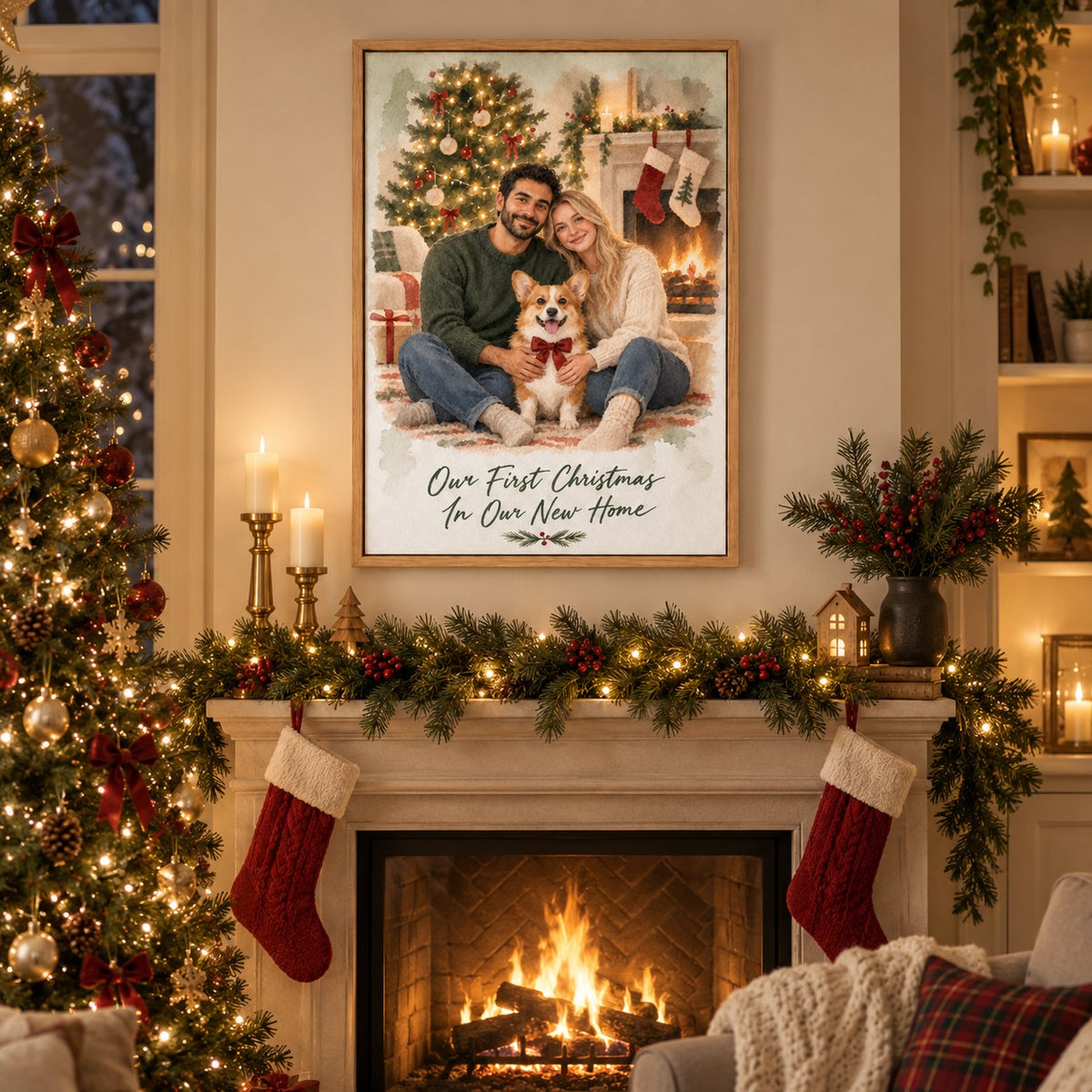Christmas watercolor canvas above a fireplace mantel